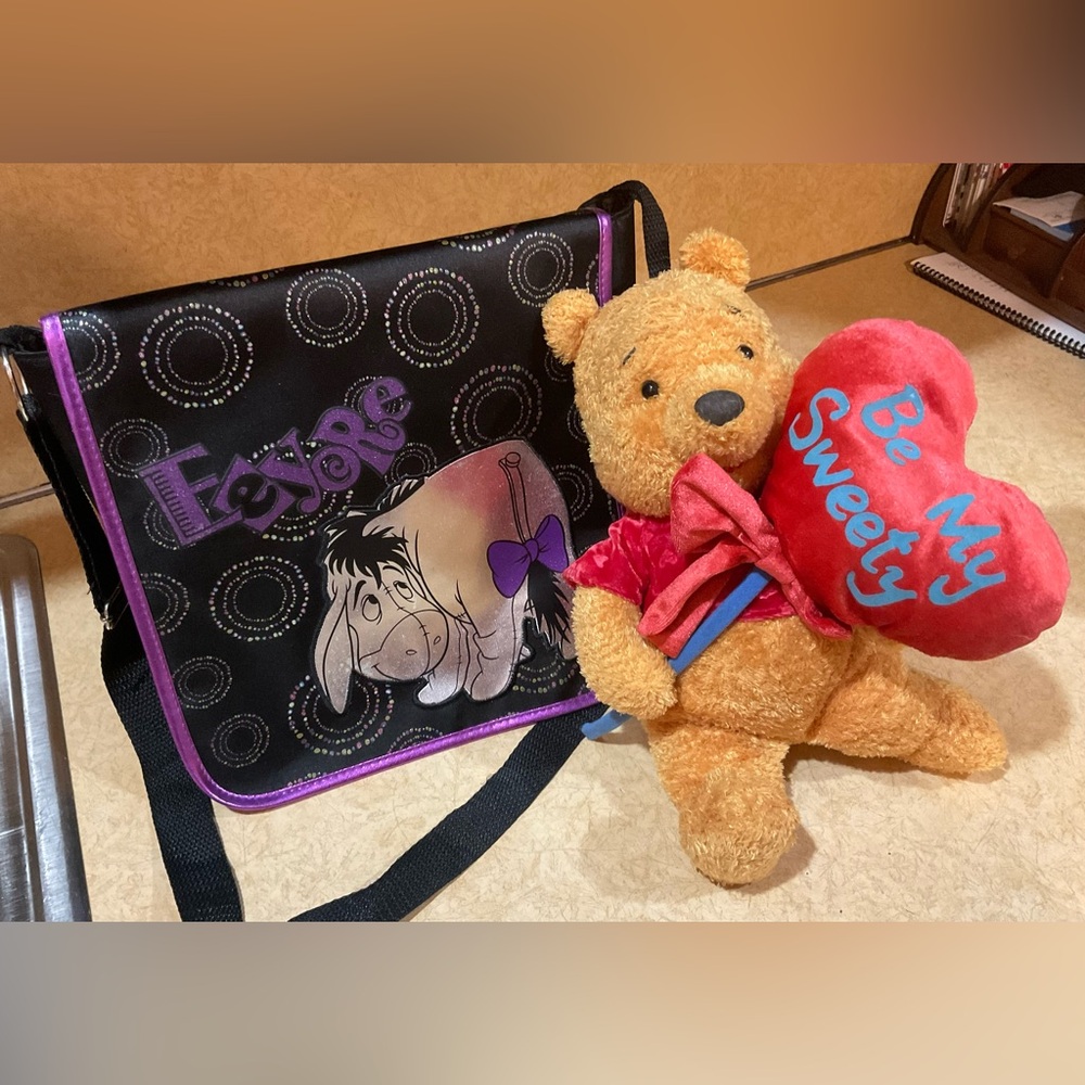 Disney: Vintage Disney Store “ Be My Sweety” Pooh Plush,N Eeyore Satchel Bag.